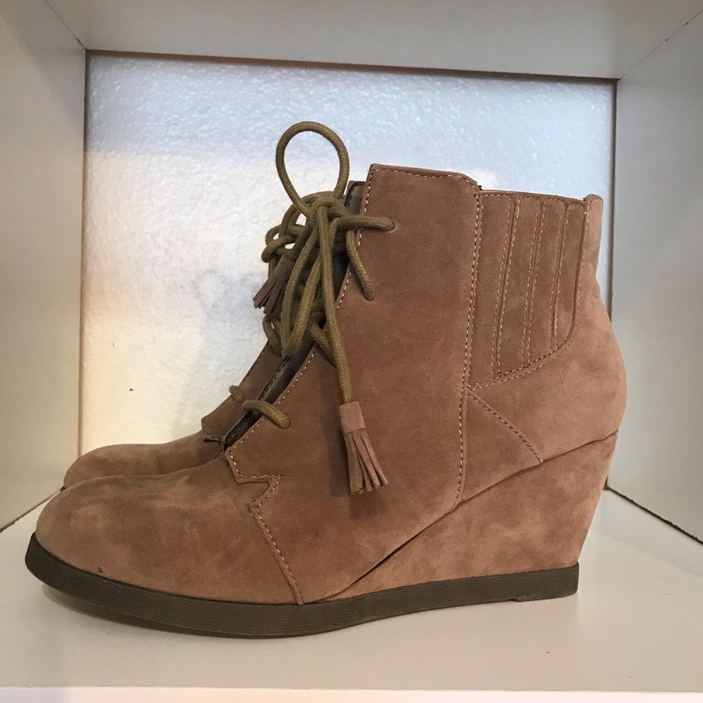 Madden Girl Dailee Tan Lace Up Suede Wedge Booties